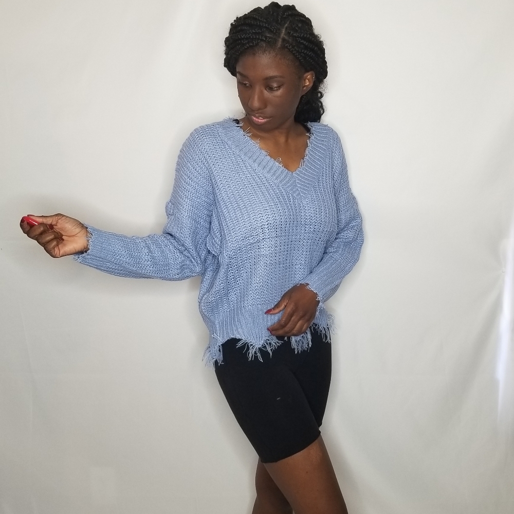 Faded Denim Frayed Long Sleeve V Neck Sweater - Picture 3 of 4